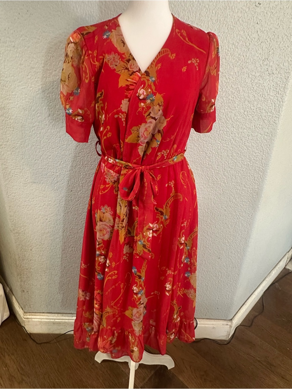 Gorgeous Red Floral Wrap Dress with Button Closure at Waist